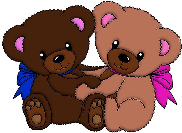 rysunek dwóch siedzących misiów  trzymających się za łapki