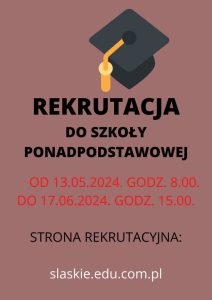 Na brązowym tle czarny biret z żółtym frędzlem. Pod spodem napis REKRUTACJA DO SZKOŁY PONADPODSTAWOWEJ oraz terminy dotyczące rekrutacji