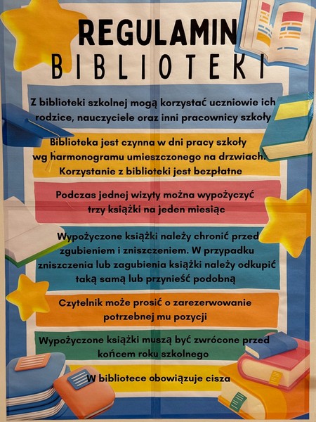 Zapisy regulaminu biblioteki szkolnej na kolorowy tle.