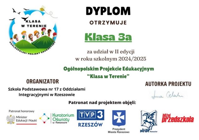 Zdjęcie przedstawia dyplom dla klasy 3 oraz dla pań wychowawczyń otrzymane za zrealizowanie projektu "Klasa w terenie".